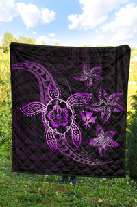 Kanaka Map Hibiscus Plumeria Turtle Art Violet Polynesian Premium Quilt - Polynesian Pride