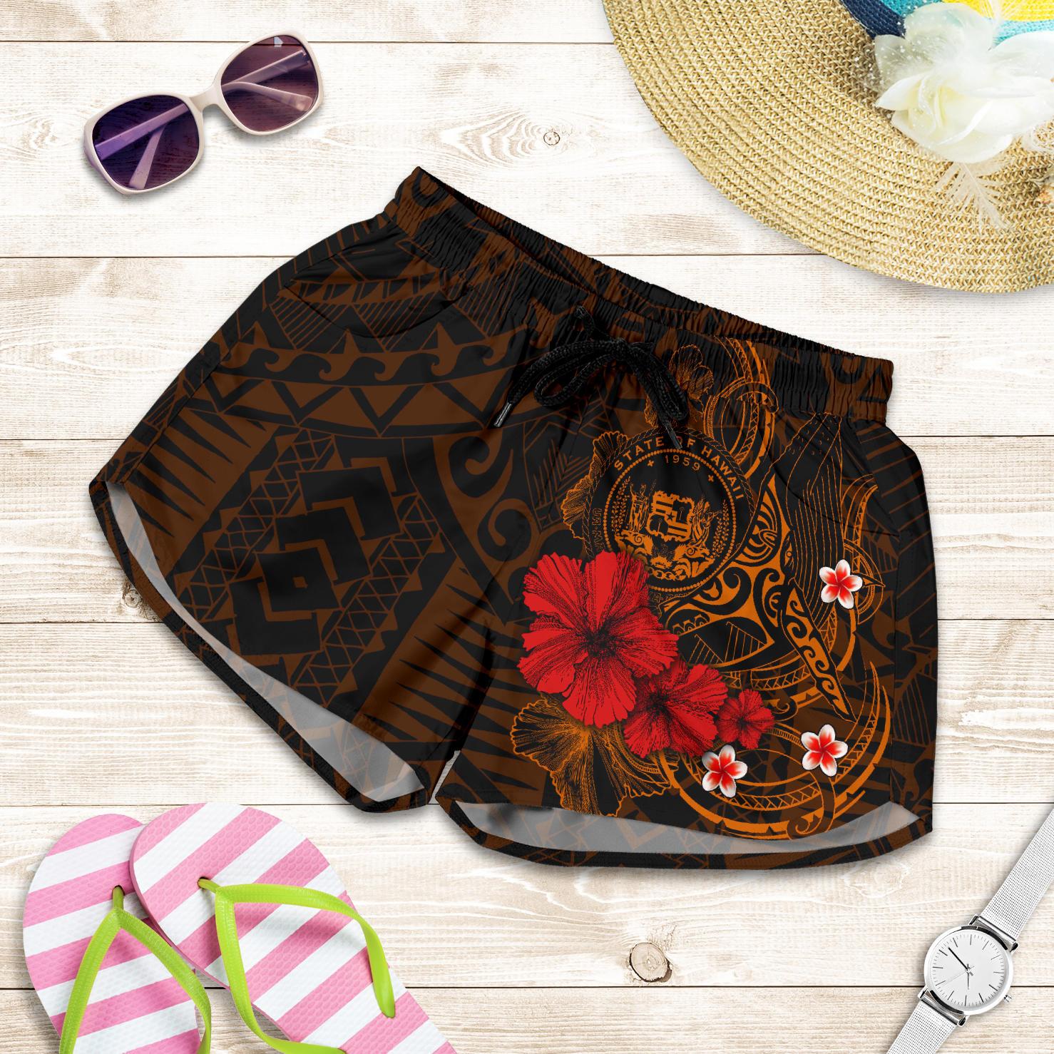 Polynesian Hawaii Women's Shorts - Humpback Whale with Hibiscus (Golden) Women Golden - Polynesian Pride