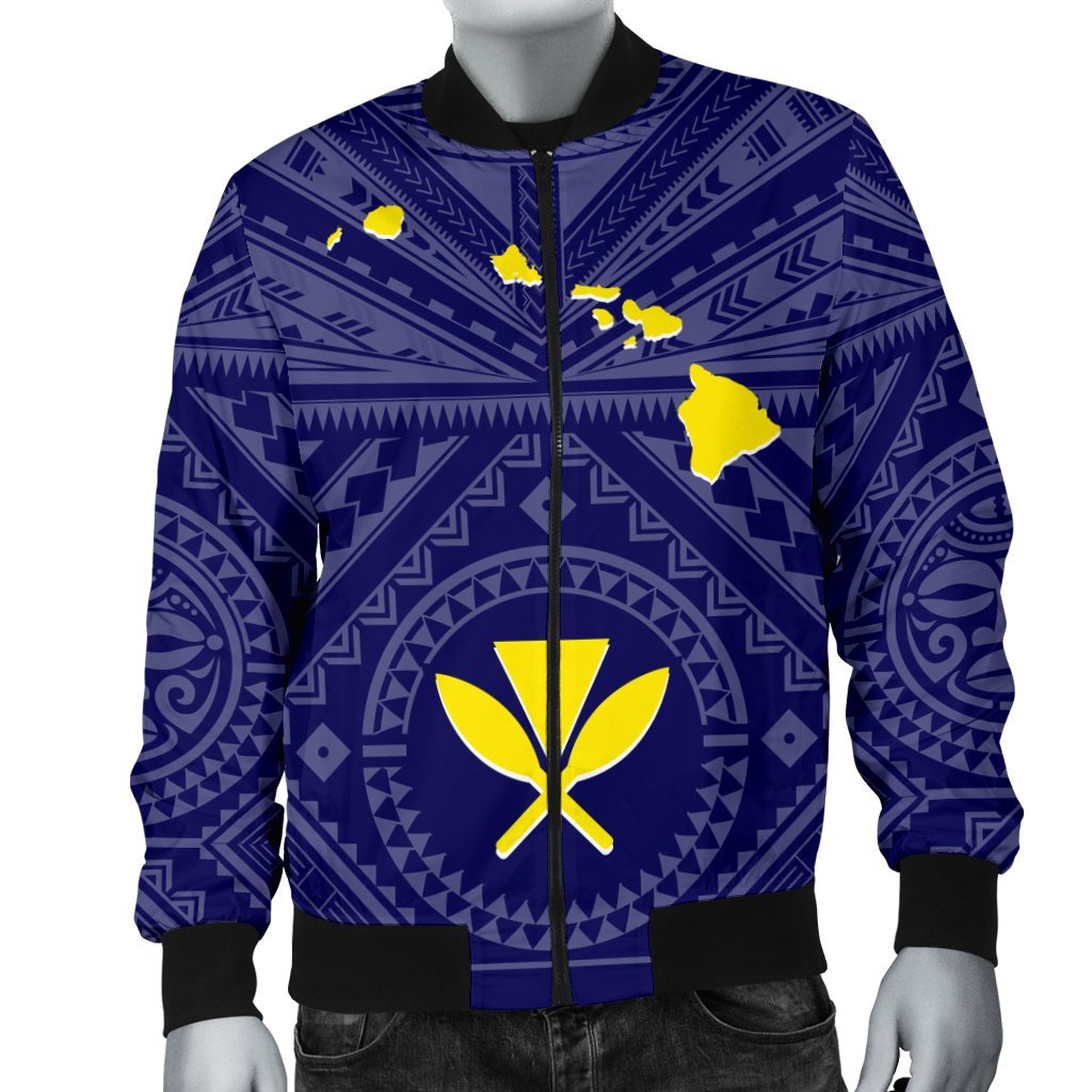 Hawaii Men's Bomber Jacket - Hawaii Kanaka Maoli And Map ( Blue) - Polynesian Pride