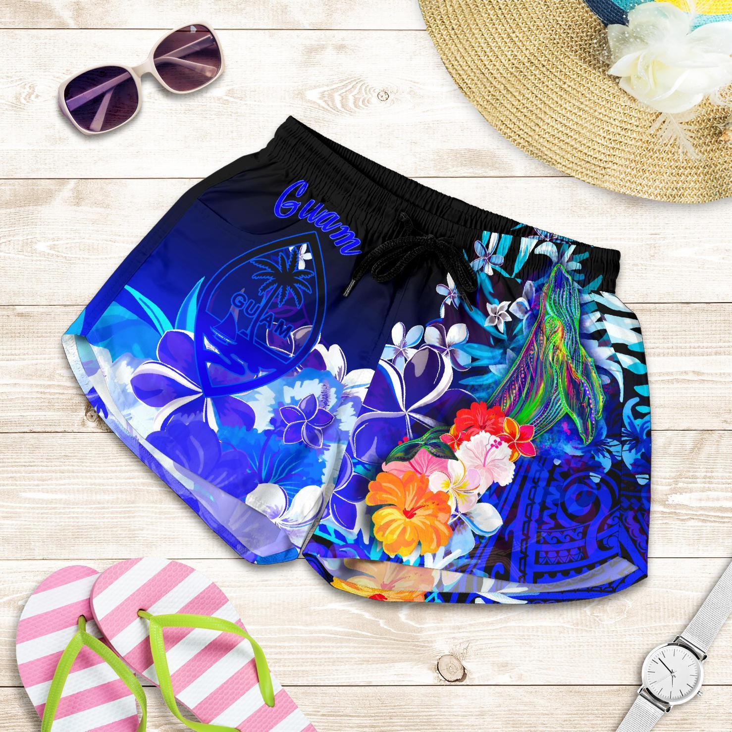 Guam Women's Shorts - Humpback Whale with Tropical Flowers (Blue) Women Blue - Polynesian Pride