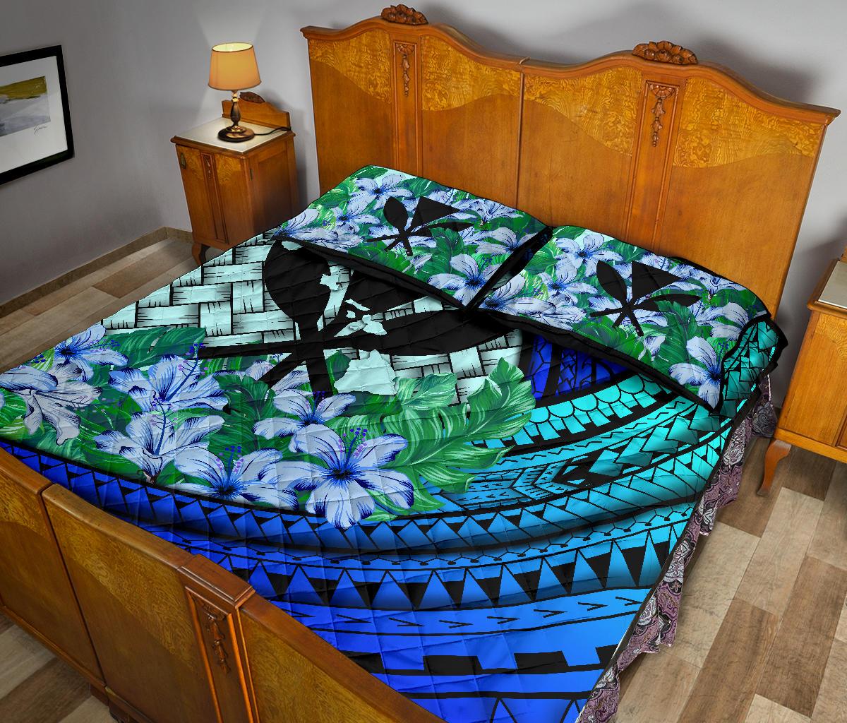 Kanaka Maoli (Hawaiian) - Quilt Bed Set Lauhala Polynesian Hibiscus Blue - Polynesian Pride
