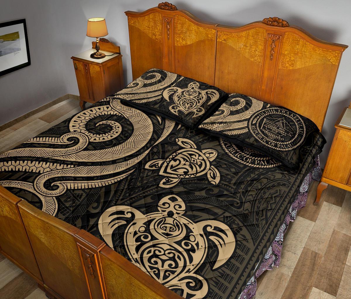 Palau Quilt Bed Set - Gold Tentacle Turtle - Polynesian Pride