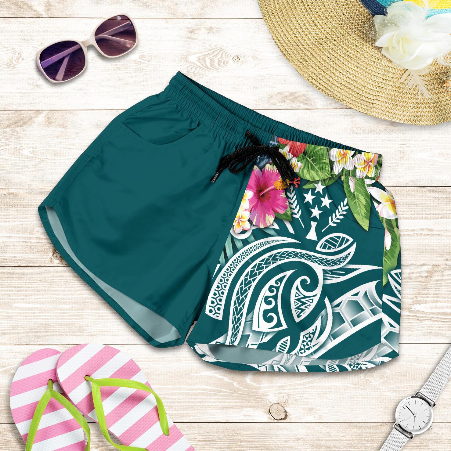 Kosrae Polynesian Women's Shorts - Summer Plumeria (Turquoise) Women Turquoise - Polynesian Pride