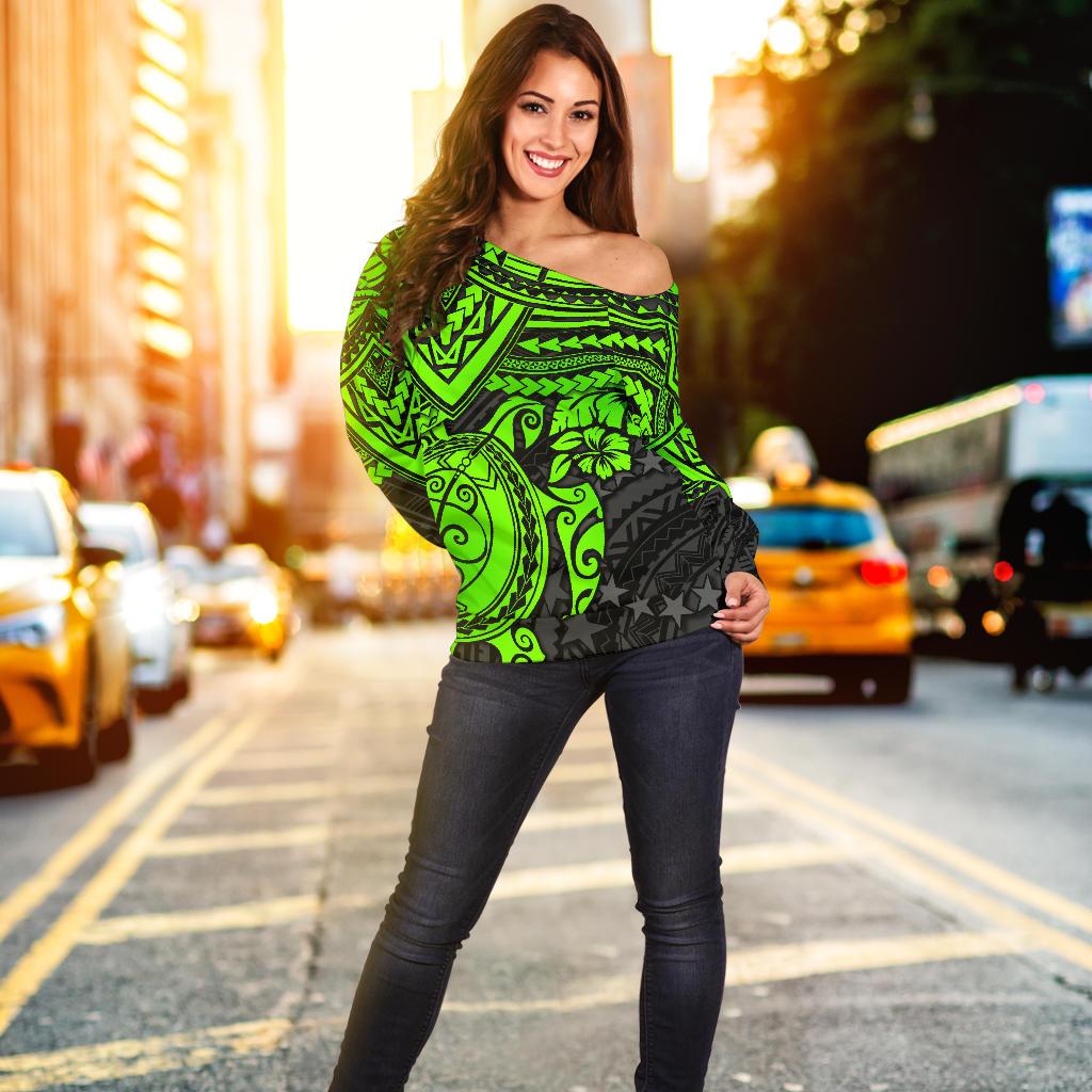 Cook Islands Polynesian Women's Off Shoulder Sweater - Green Turtle Green - Polynesian Pride