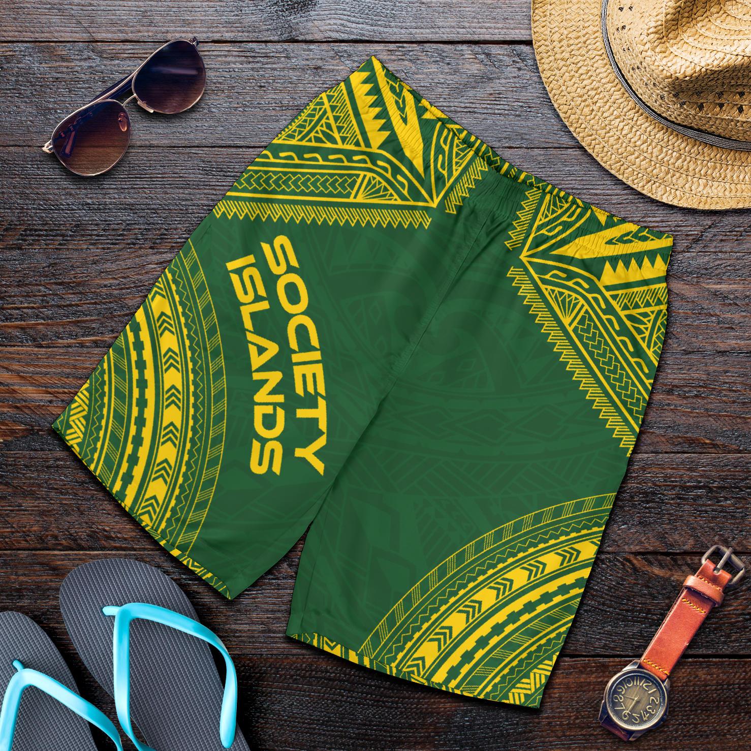 Society Islands Men's Shorts - Polynesian Chief Flag Version Green - Polynesian Pride