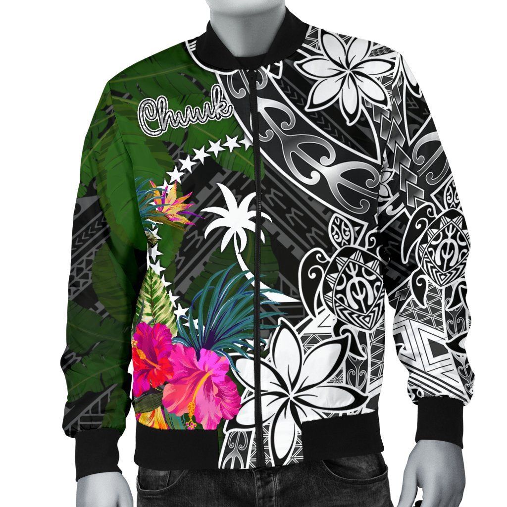 Chuuk Men Bomber Jacket - Turtle Plumeria Banana Leaf - Polynesian Pride