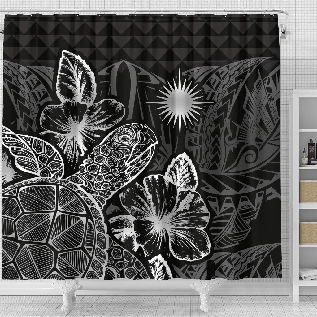 Marshall Islands Shower Curtain Turtle Hibiscus Black - Polynesian Pride