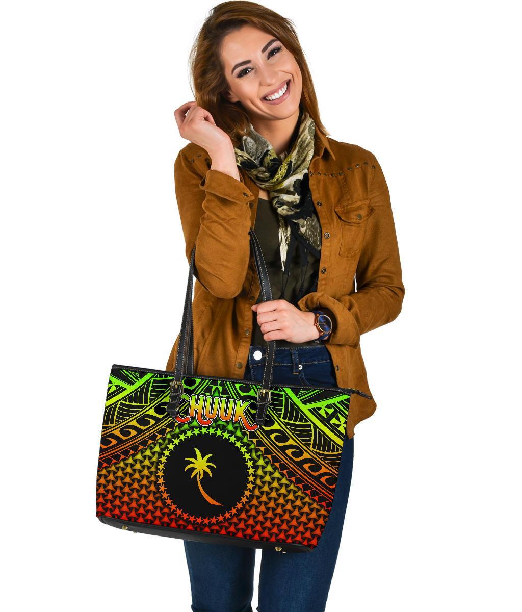 Polynesian Chuuk Large Leather Tote Bag - Reggae Vintage Polynesian Patterns - Polynesian Pride
