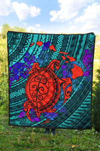 Hawaii Polynesian Premium Quilt - Hawaii Red Turtle Map & Purple Hibiscus - Polynesian Pride