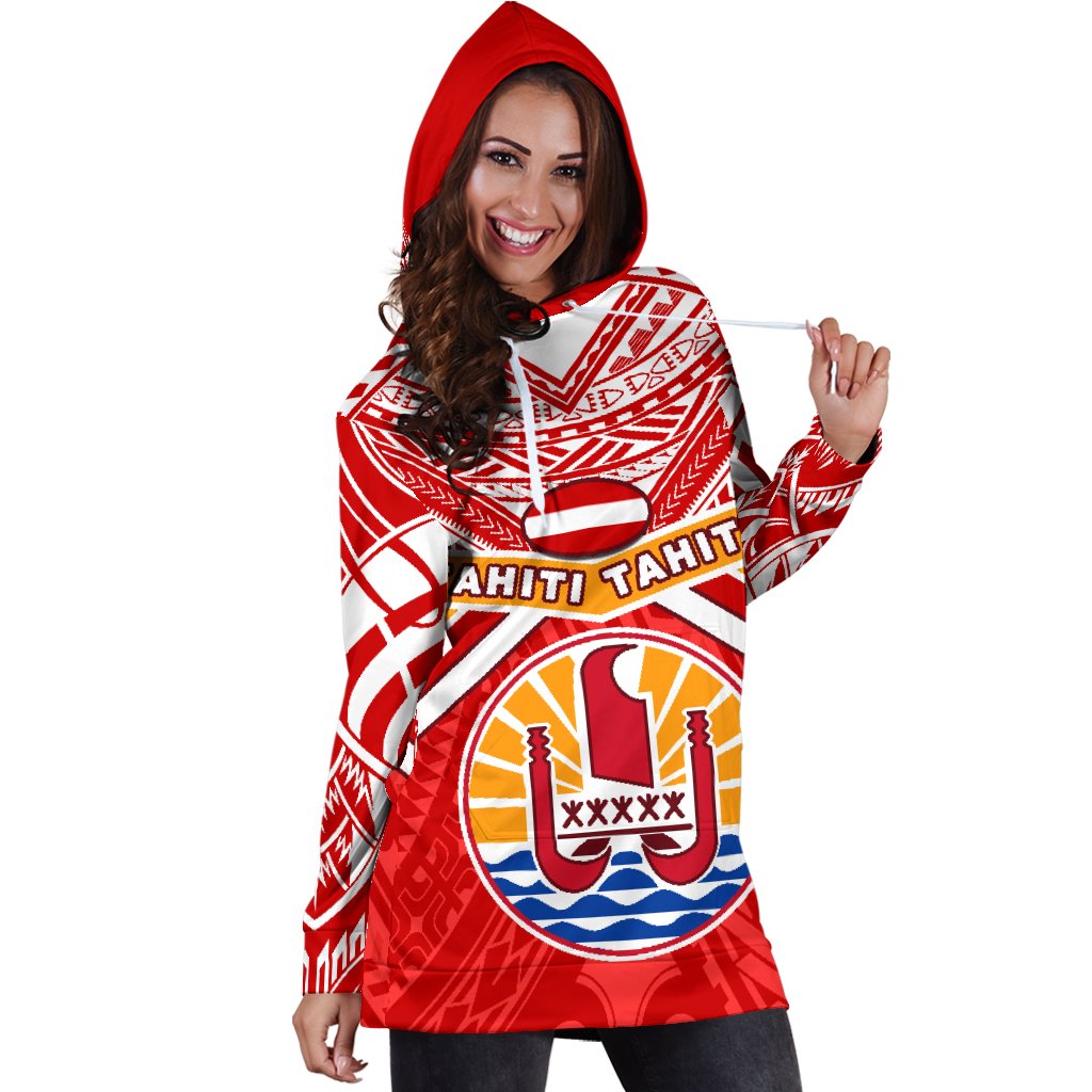 Tahiti Rugby Women Hoodie Dress Polynesian Coat Of Arms and Flag - Polynesian Pride