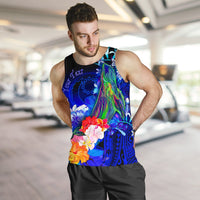 Pohnpei Custom Personalised Men's Tank Top - Humpback Whale with Tropical Flowers (Blue) - Polynesian Pride
