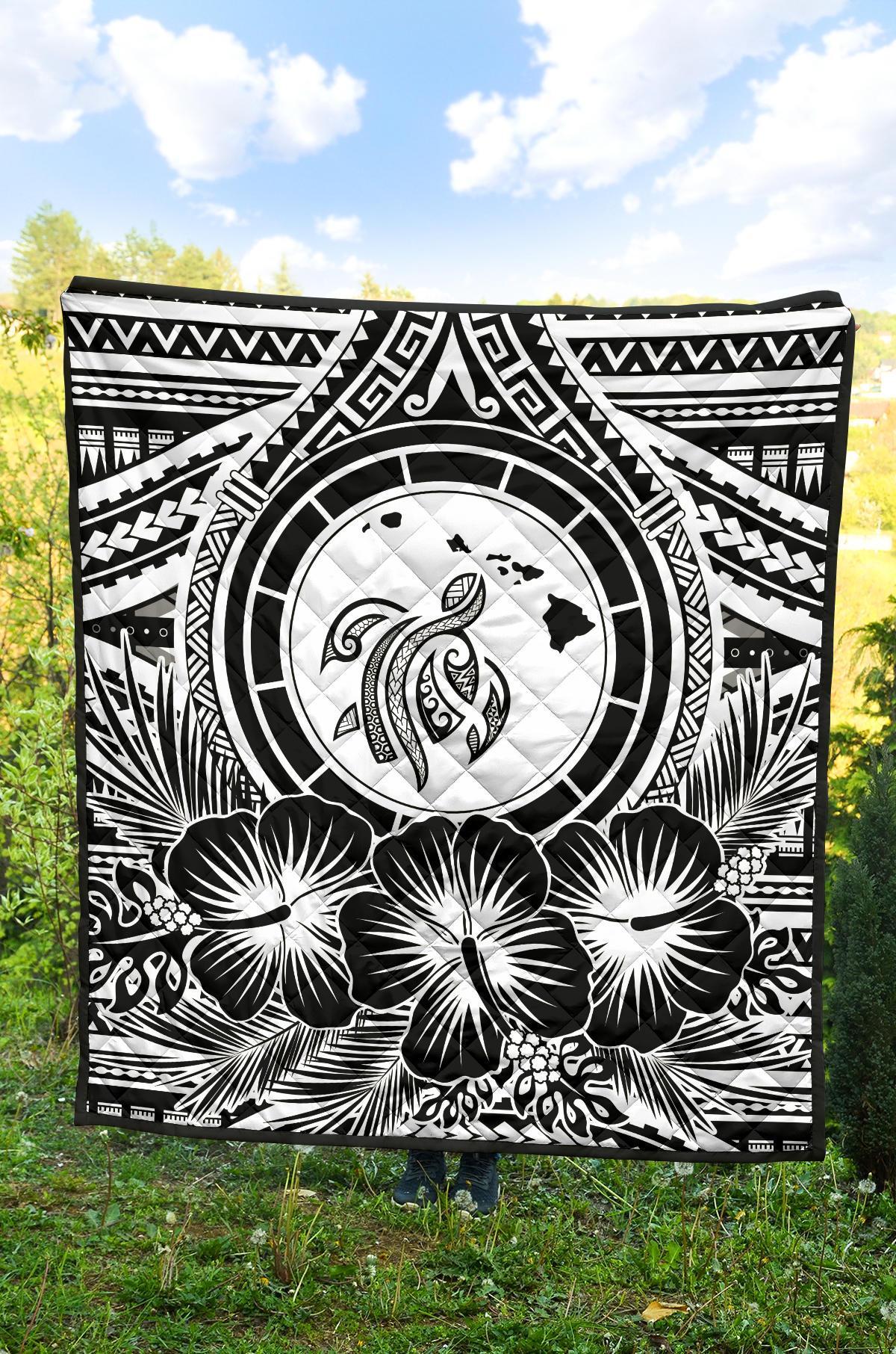 Hawaii Premium Quilt - Hawaii Map Honu Hibiscus White Polynesian Premium Quilt - Polynesian Pride