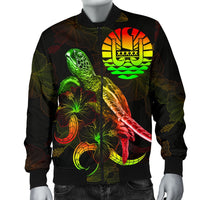 Tahiti Polynesian Men's Bomber Jacket - Turtle With Blooming Hibiscus Reggae - Polynesian Pride