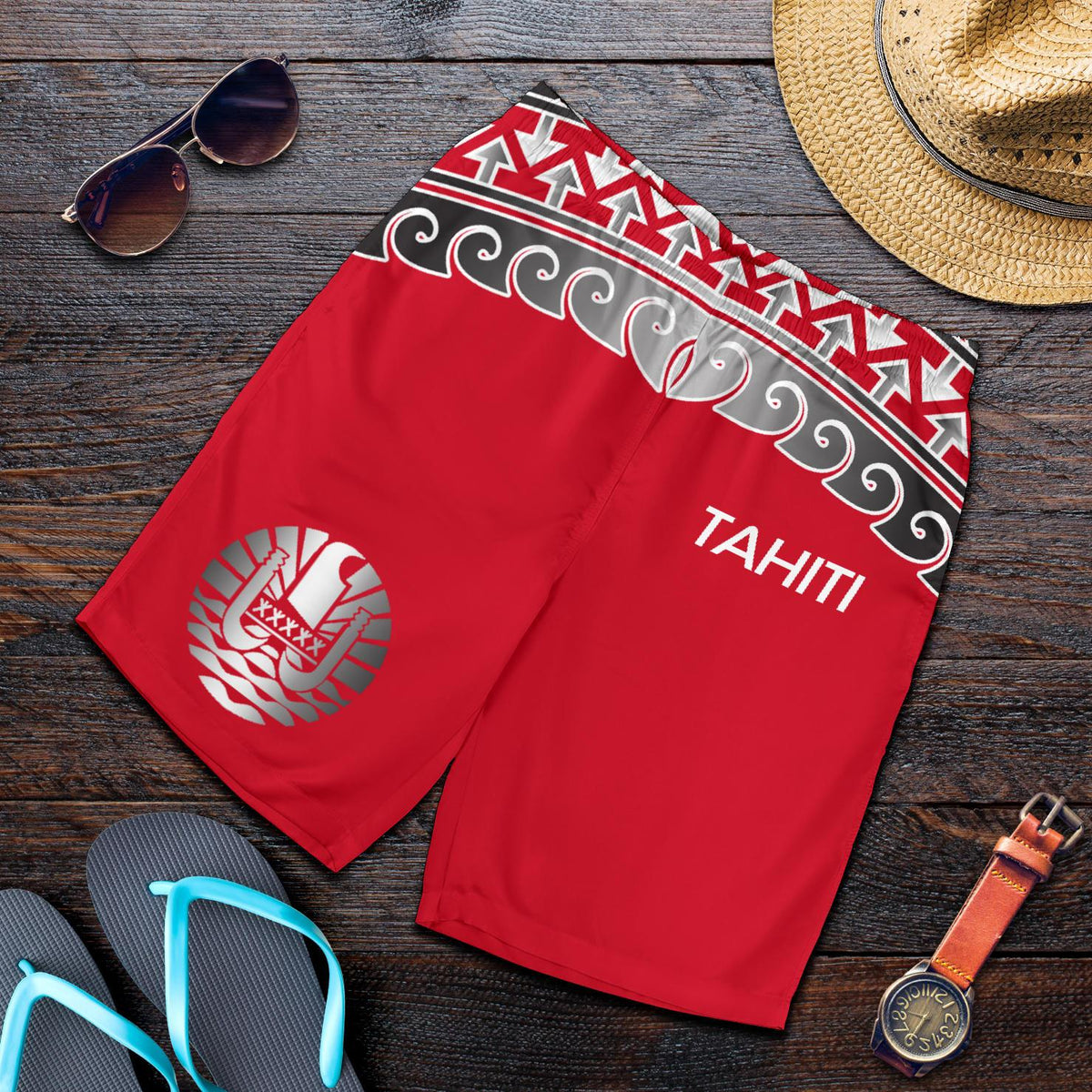 Tahiti Polynesian Men Short - Wave Style Red - Polynesian Pride