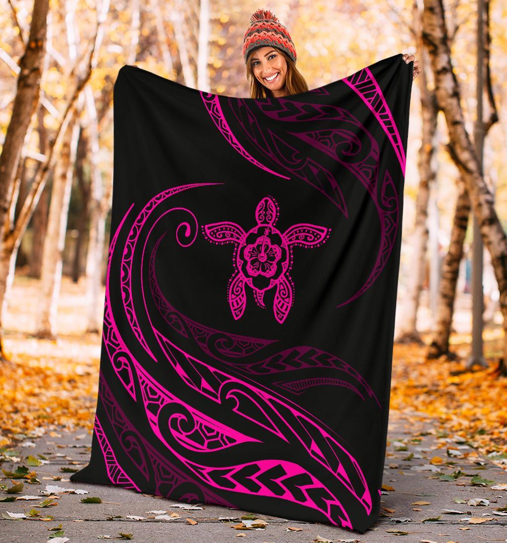 Hawaii Turtle Hibicus Premium Blanket - Frida Style - Pink - Polynesian Pride