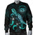 Hawaii Polynesian Men's Bomber Jacket - Turtle With Blooming Hibiscus Turquoise - Polynesian Pride