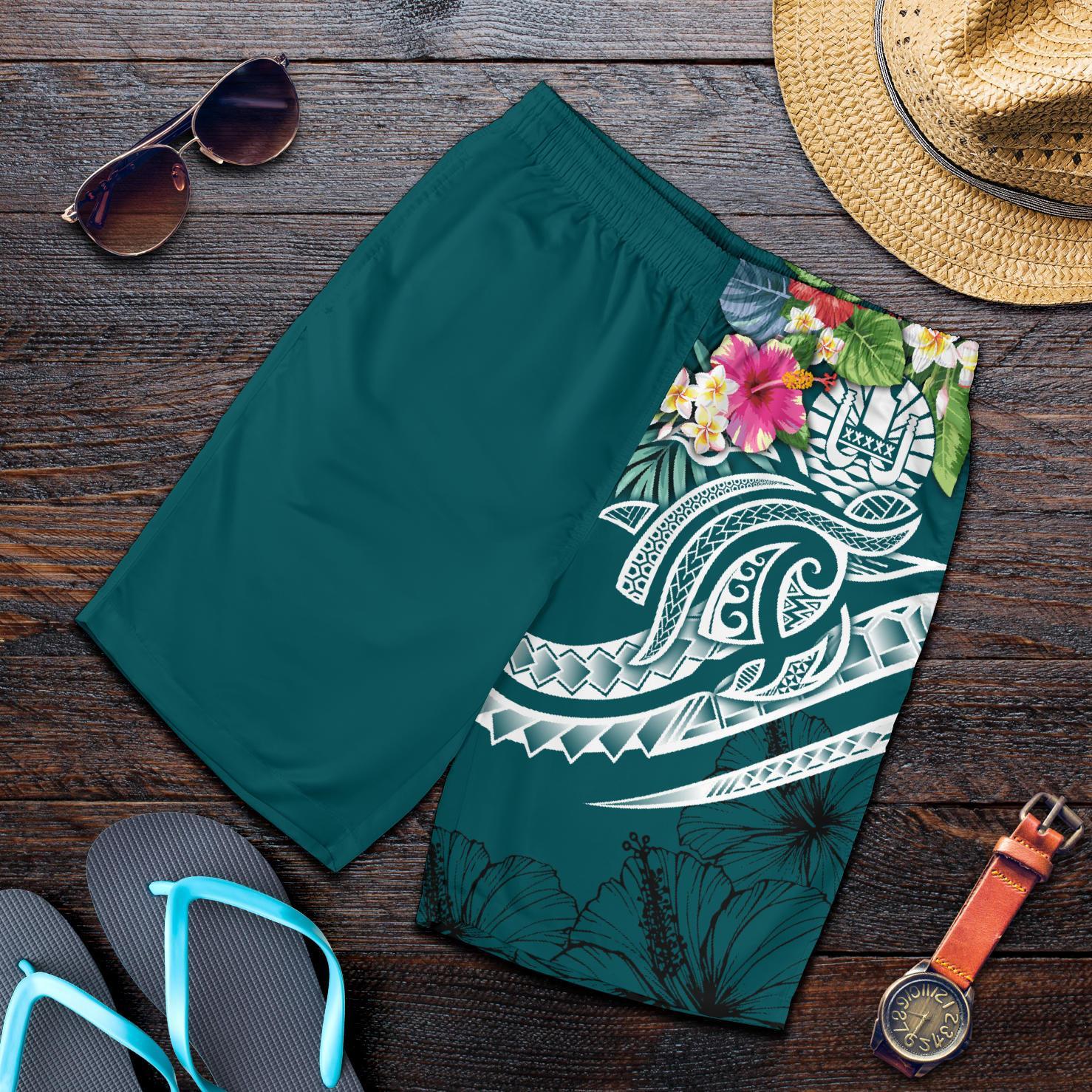 Tahiti Polynesian Men's Shorts - Summer Plumeria (Turquoise) Turquoise - Polynesian Pride