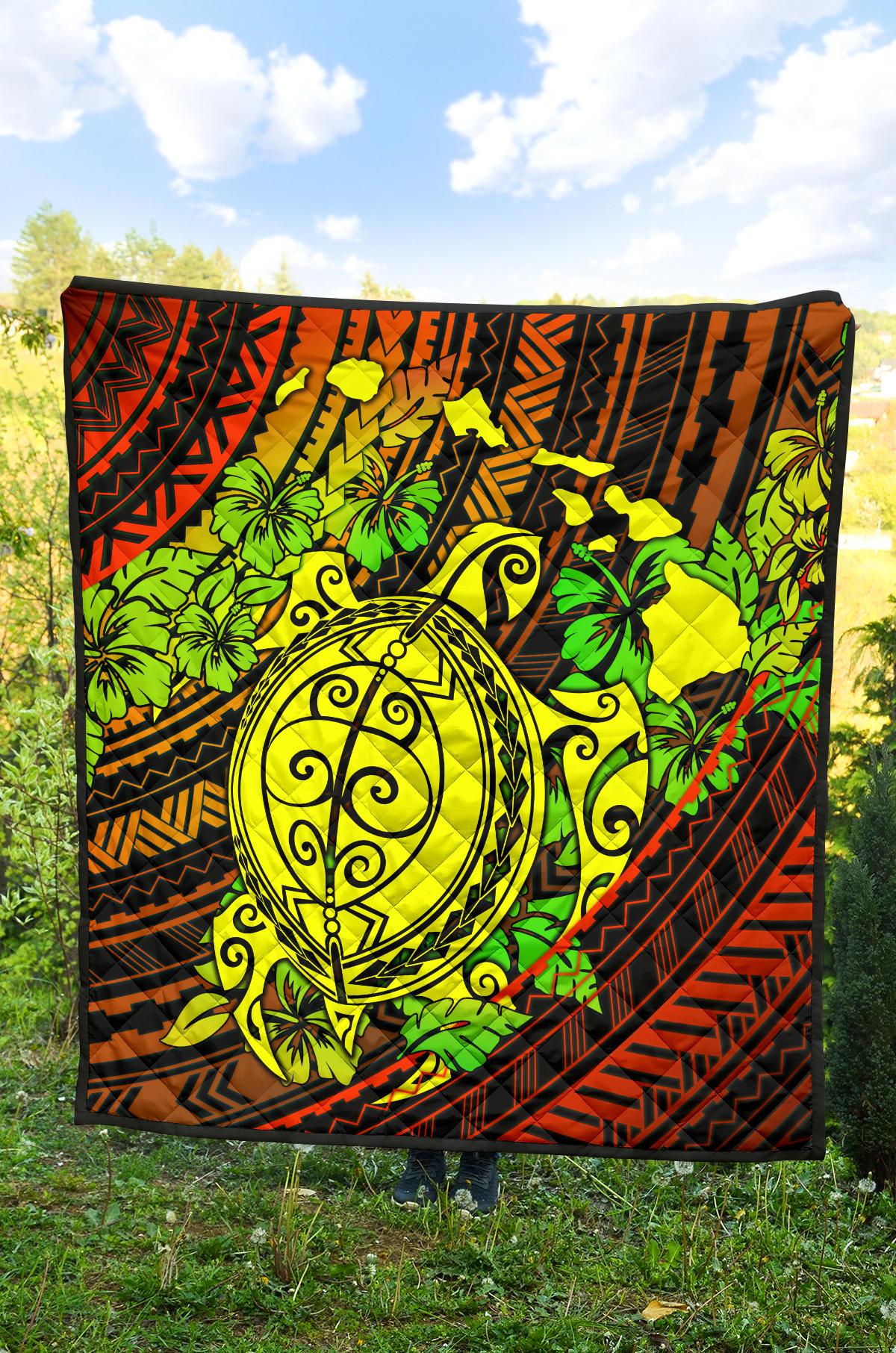 Hawaii Polynesian Premium Quilt - Hawaii Yellow Turtles Map & Green Hibiscus - Polynesian Pride
