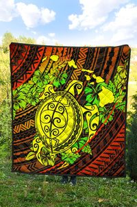 Hawaii Polynesian Premium Quilt - Hawaii Yellow Turtles Map & Green Hibiscus - Polynesian Pride