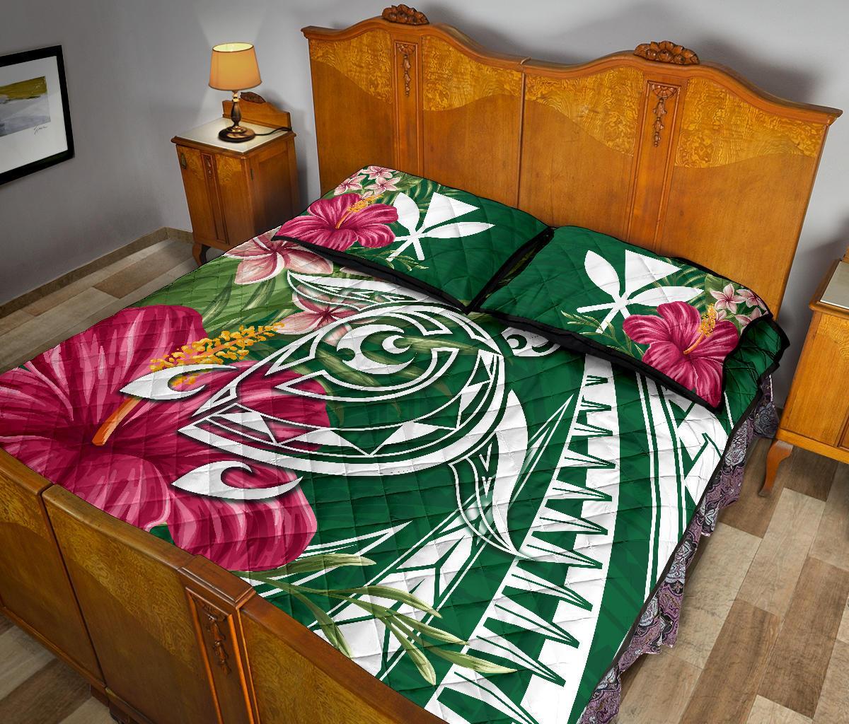 Hawaii Polynesian Turtle Tropical Hibiscus Plumeria Quilt Bed Set - Green - Polynesian Pride