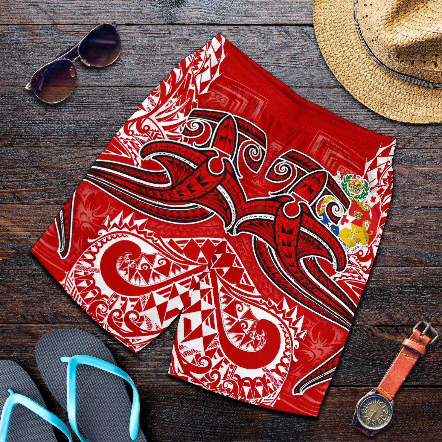 Tonga Men's Shorts - Red Shark Polynesian Tattoo Red - Polynesian Pride