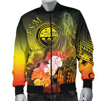 Federated States of Micronesia Men's Bomber Jacket - Humpback Whale with Tropical Flowers (Yellow) - Polynesian Pride