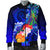 Chuuk Men's Bomber Jacket - Humpback Whale with Tropical Flowers (Blue) - Polynesian Pride