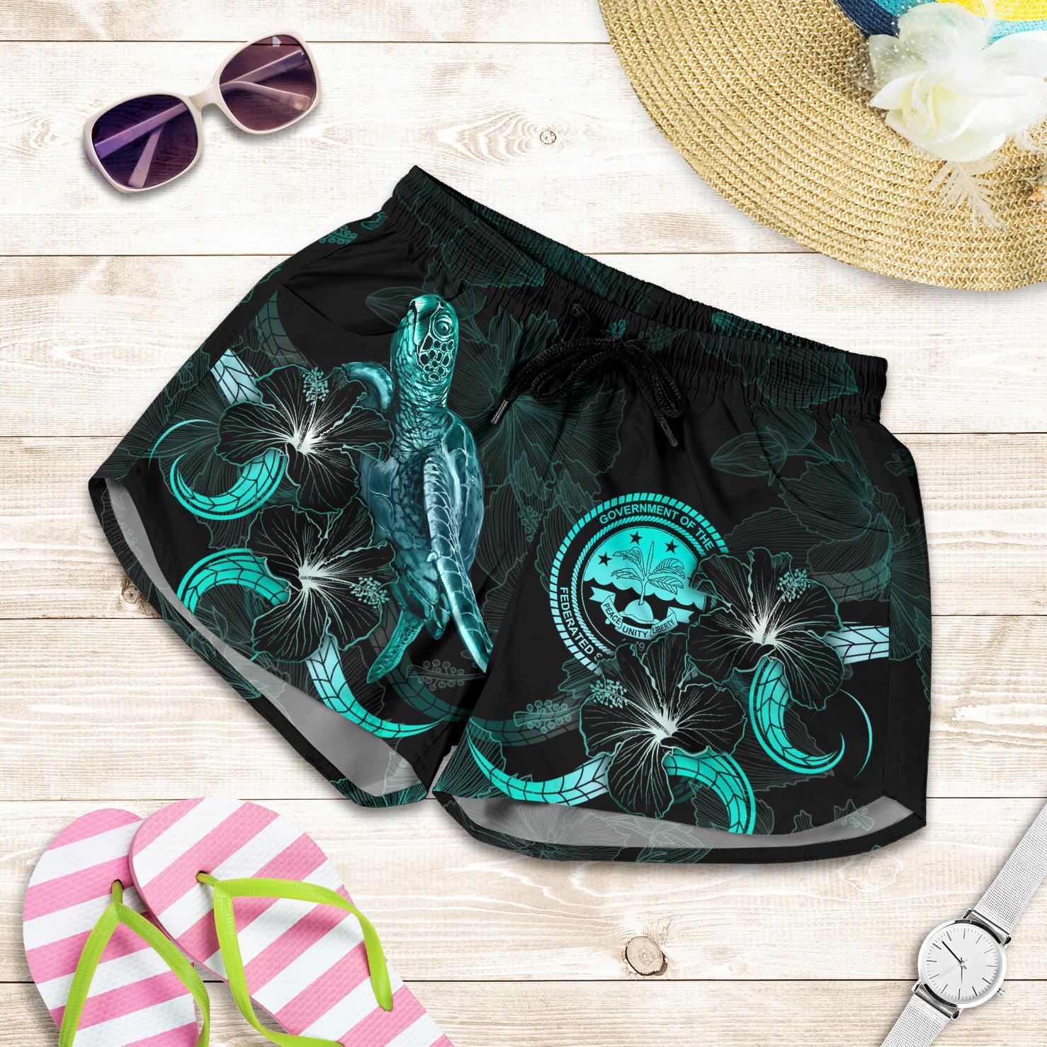 Federated States of Micronesia Polynesian Women's Shorts - Turtle With Blooming Hibiscus Turquoise Women Turquoise - Polynesian Pride