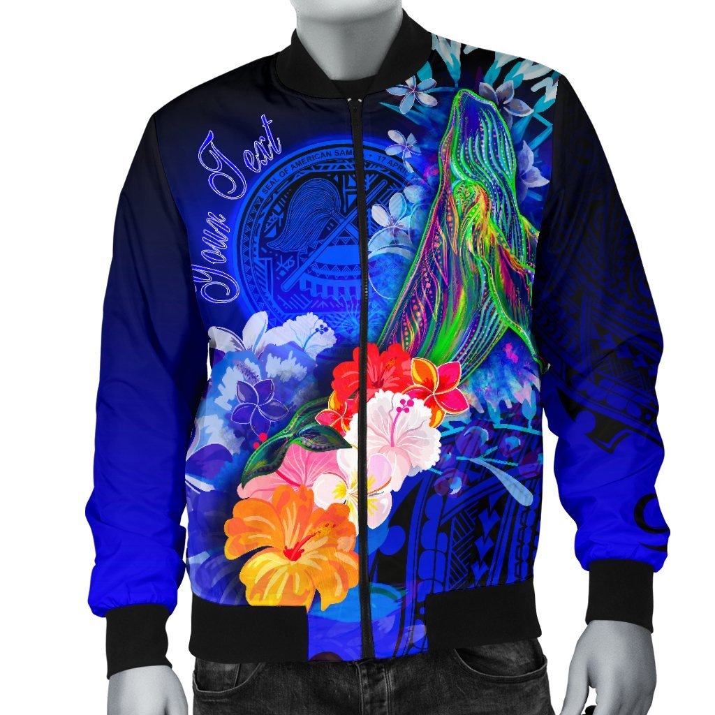 American Samoa Polynesian Custom Personalised Men's Bomber Jacket - Humpback Whale with Tropical Flowers (Blue) - Polynesian Pride
