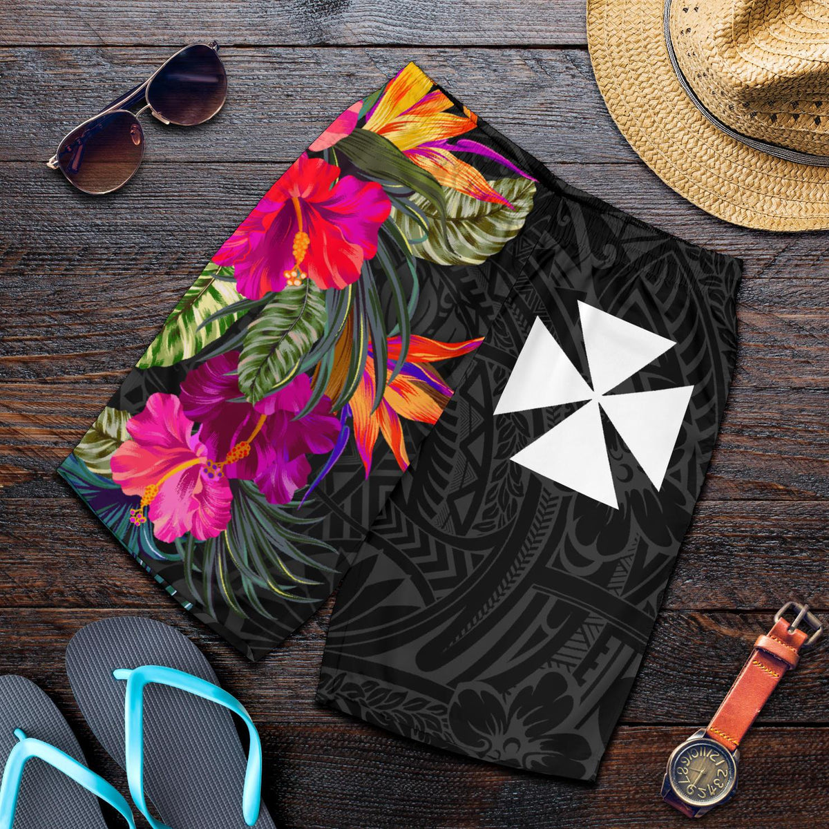 Wallis And Futuna All Over Print Men's Shorts - Polynesian Hibiscus Pattern - Polynesian Pride