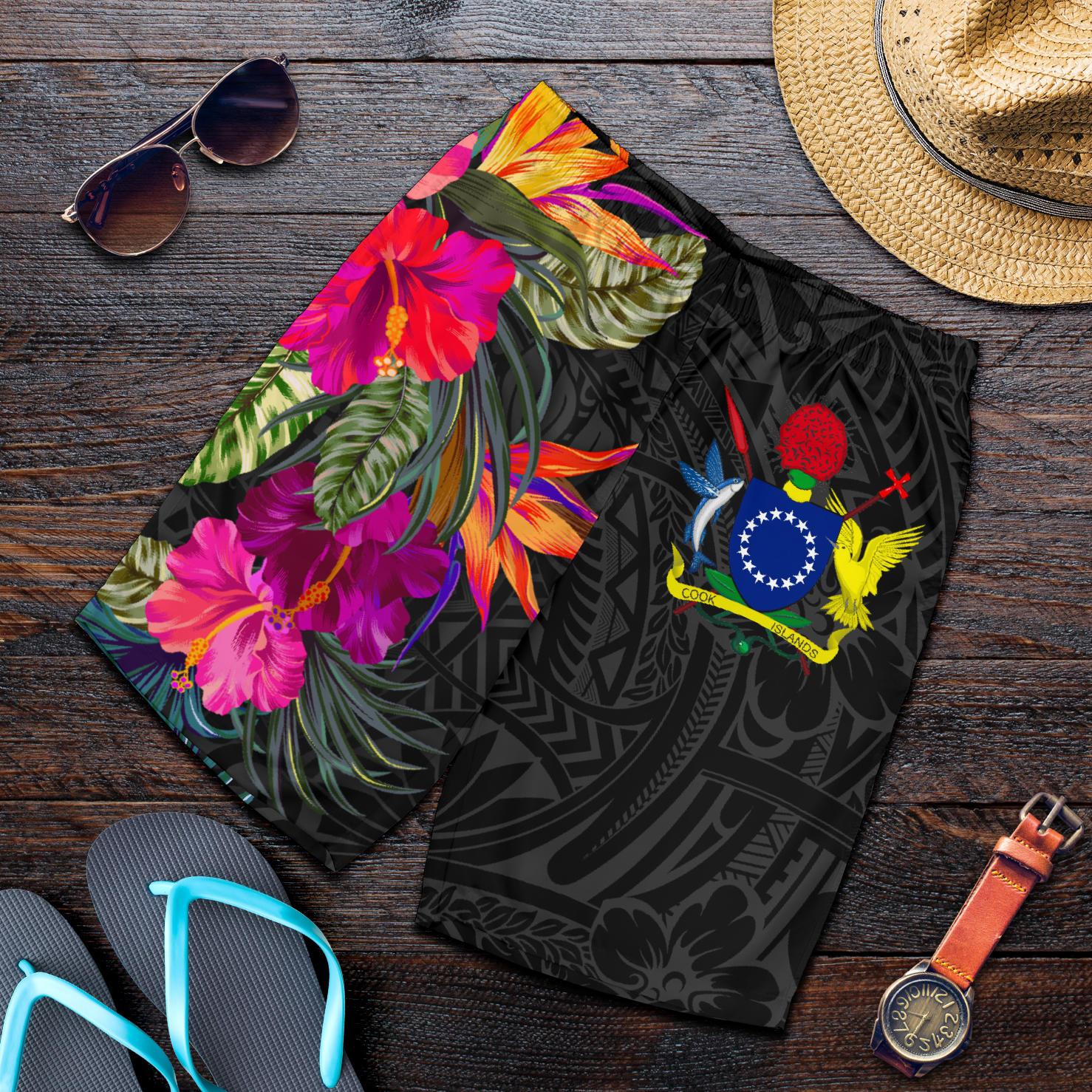 Cook Islands All Over Print Men's Shorts - Polynesian Hibiscus Pattern Black - Polynesian Pride