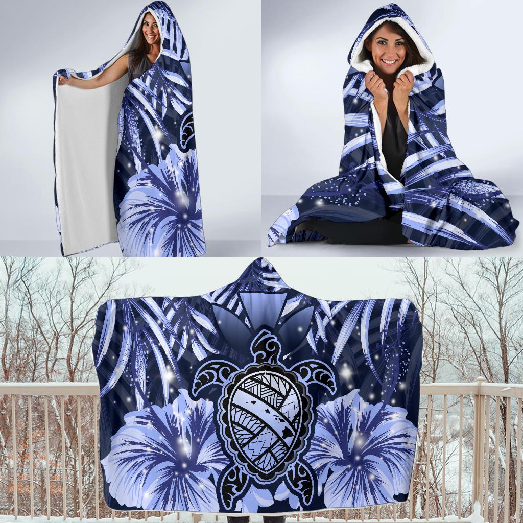 Hawaii Turtle Hibiscus Blue Hooded Blanket - Hac Style - AH - Polynesian Pride