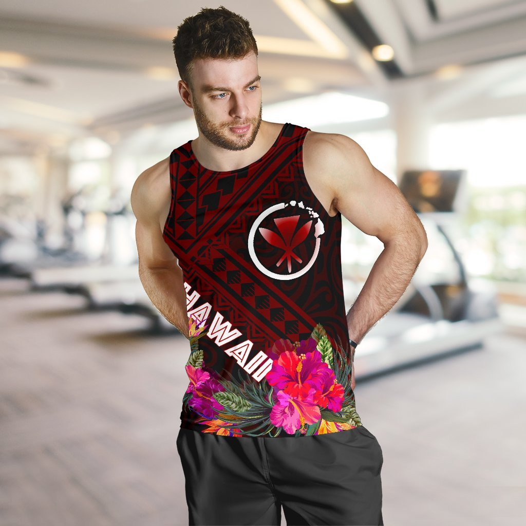Hawaii Men's Tank Top - Kanaka Maoli With Hibiscus On Polynesian Patterns (RED) - Polynesian Pride