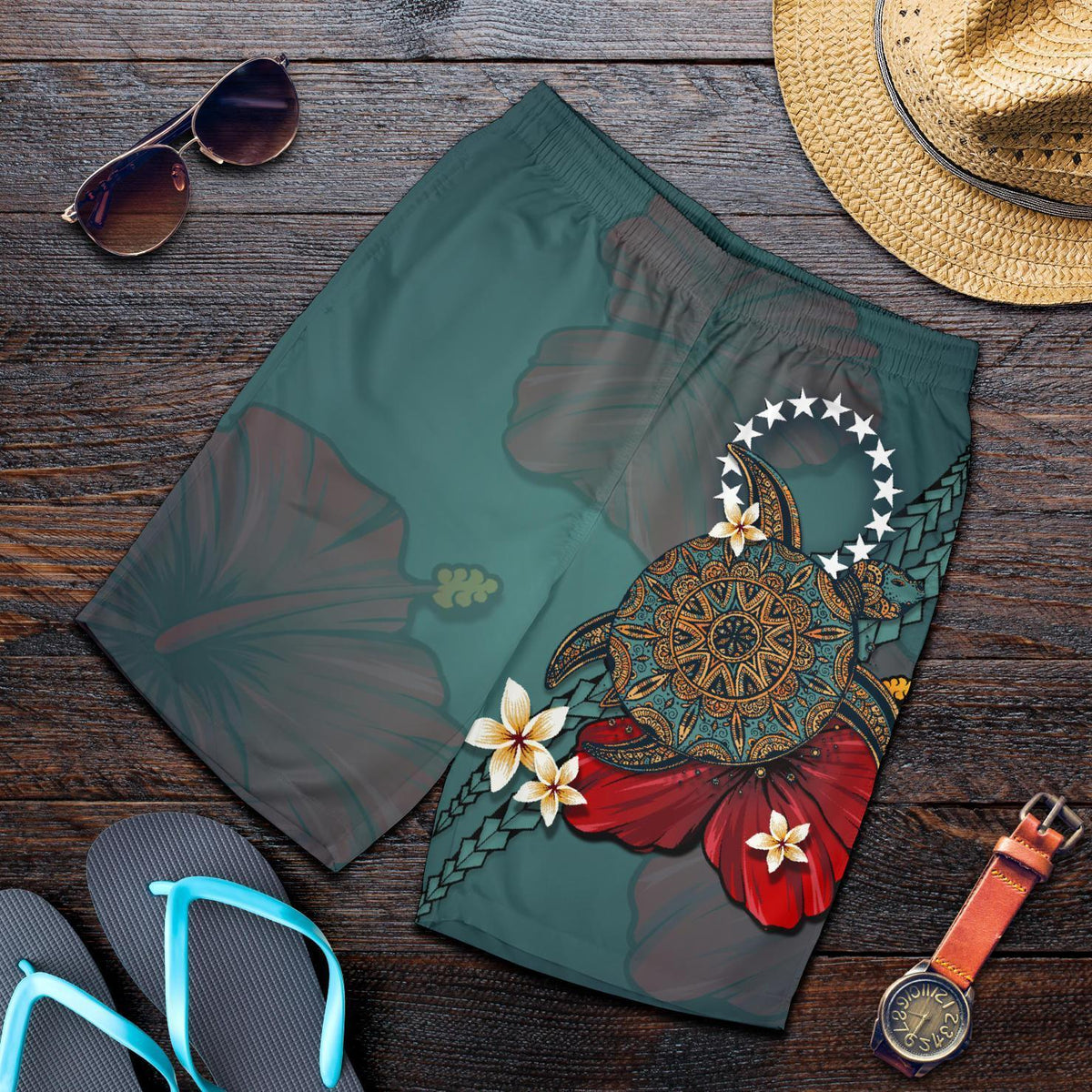 Cook Islands Shorts Men - Blue Turtle Tribal - Polynesian Pride