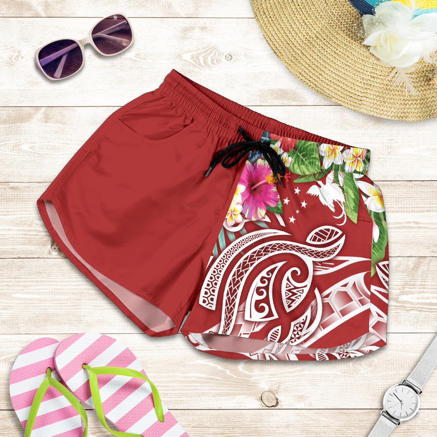 Papua New Guinea Polynesian Women's Shorts - Summer Plumeria (Red) Women Red - Polynesian Pride