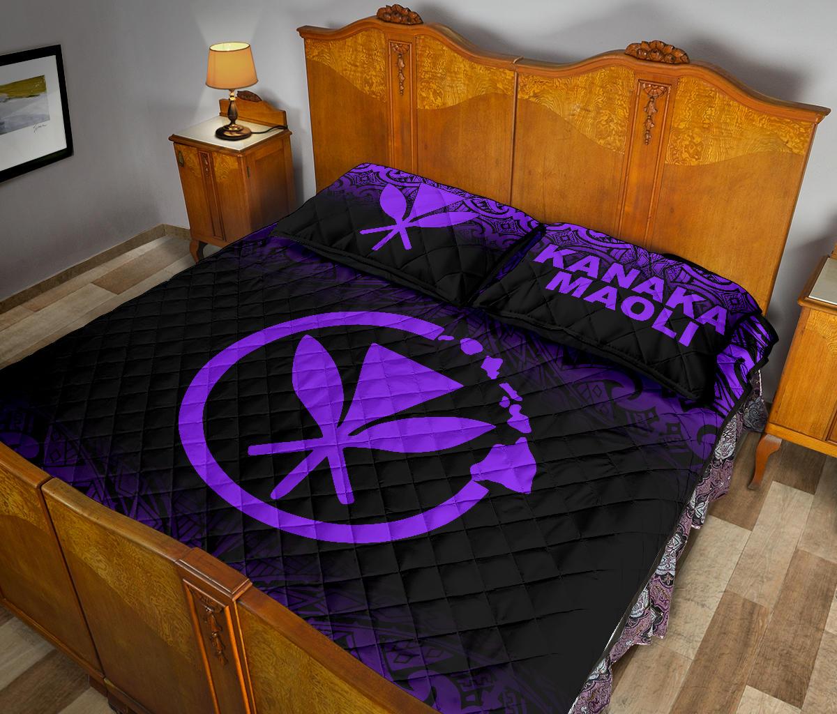 Hawaii Quilt Bed Set - Kanaka Maoli Polynesian Tattoo Black Fog Style Purple Version - Polynesian Pride