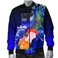 Fiji Men's Bomber Jacket - Humpback Whale with Tropical Flowers (Blue) - Polynesian Pride