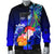 Fiji Men's Bomber Jacket - Humpback Whale with Tropical Flowers (Blue) - Polynesian Pride