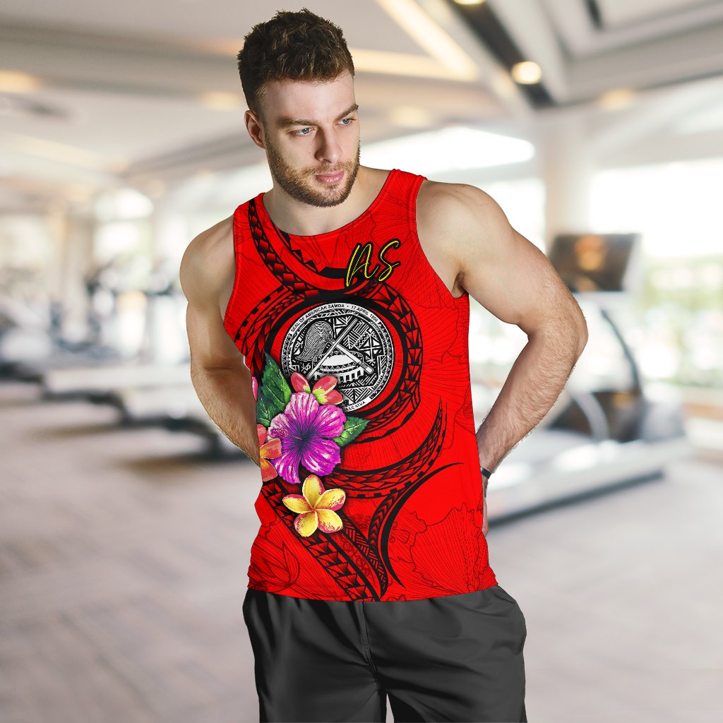 American Samoa Polynesian Men's Tank Top - Floral With Seal Red - Polynesian Pride