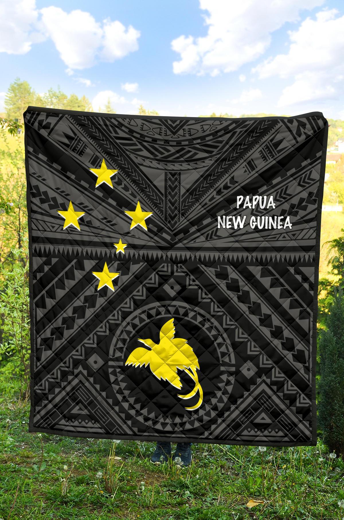 Papua New Guinea Premium Quilt - Flag With Polynesian Patterns (Black) - Polynesian Pride