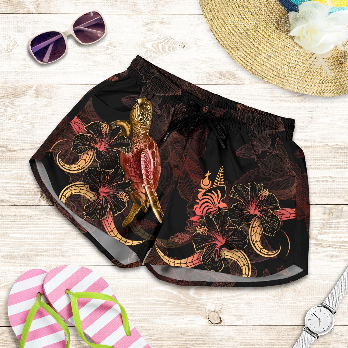 New Caledonia Polynesian Women's Shorts - Turtle With Blooming Hibiscus Gold Women Gold - Polynesian Pride