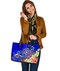 American Samoa Polynesian Large Leather Tote Bag - Turtle Plumeria (Blue) - Polynesian Pride