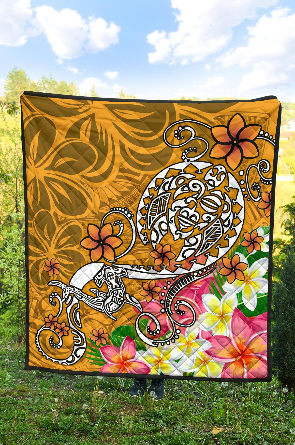 Polynesian Premium Quilt - Turtle Plumeria Gold Color - Polynesian Pride