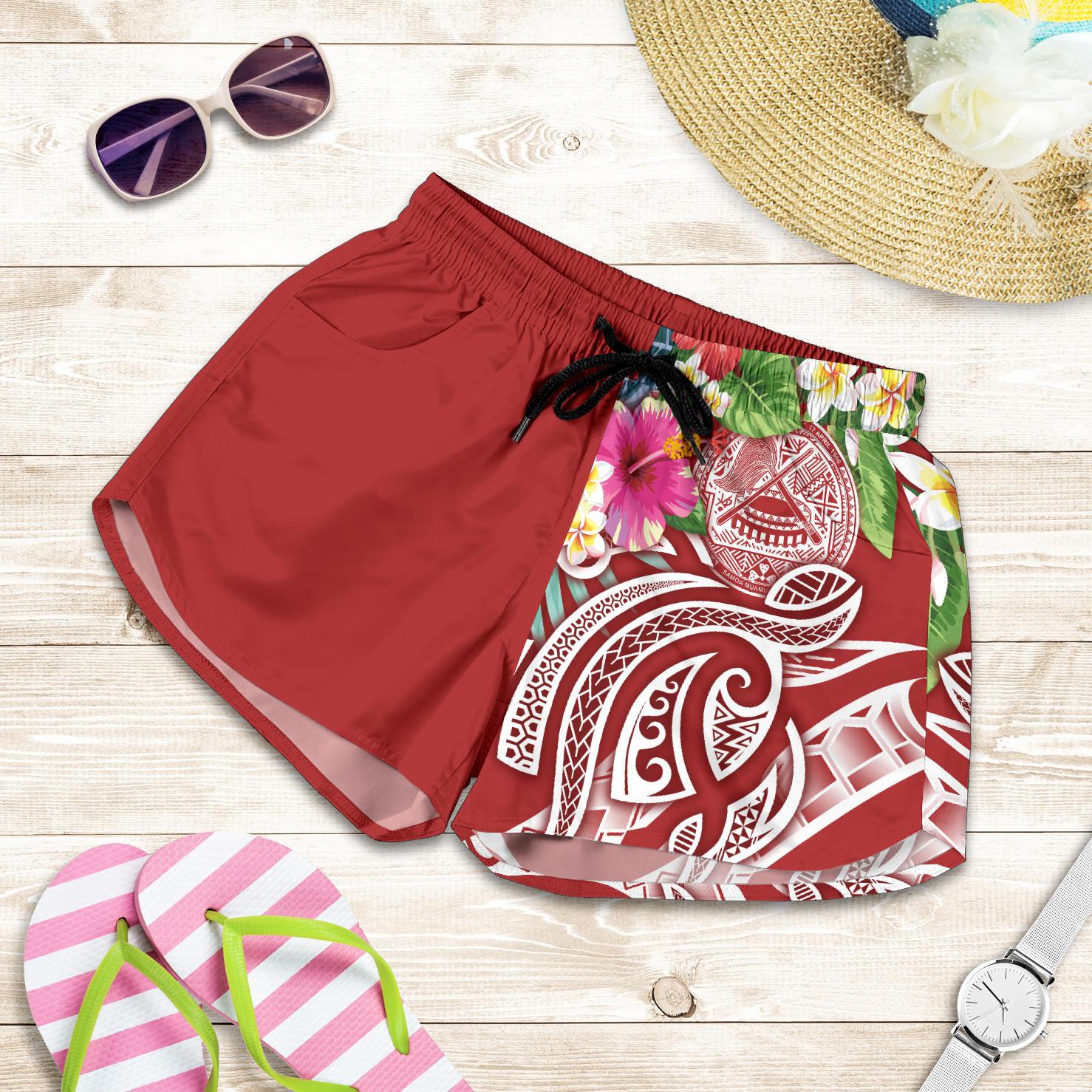 Polynesian American Samoa Women's Shorts - Summer Plumeria (Red) Women Red - Polynesian Pride