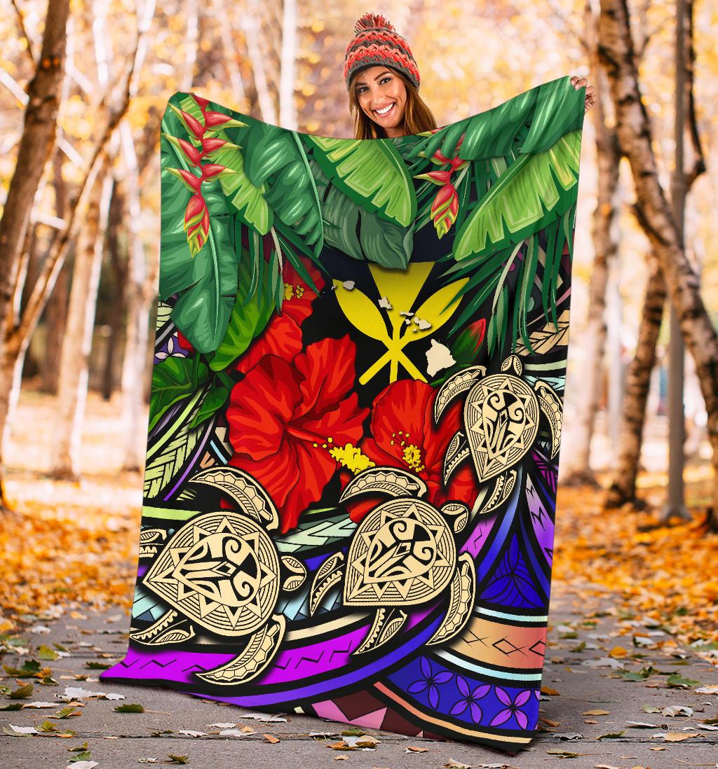 Kanaka Maoli (Hawaiian) Premium Blanket - Polynesian Turtle Colorful And Hibiscus - Polynesian Pride