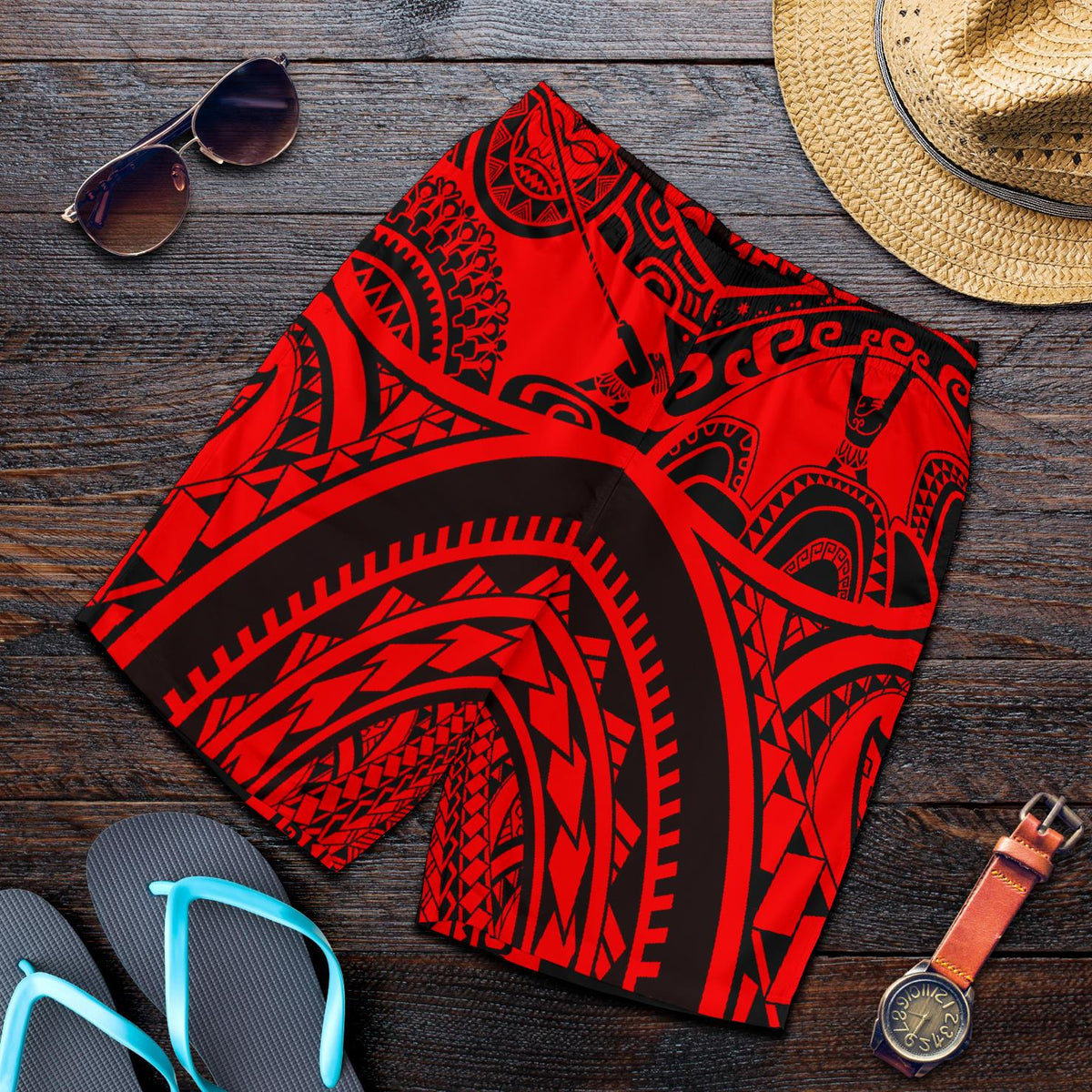 Polynesian Men's Shorts, Maui Tattoo Polynesian Patterns (Red) Red - Polynesian Pride