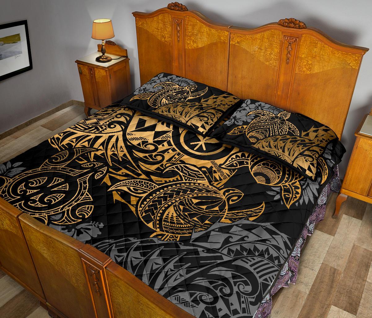 Hawaii Polynesian Quilt Bed Set - Gold Kanaka Maoli Turtle - Polynesian Pride