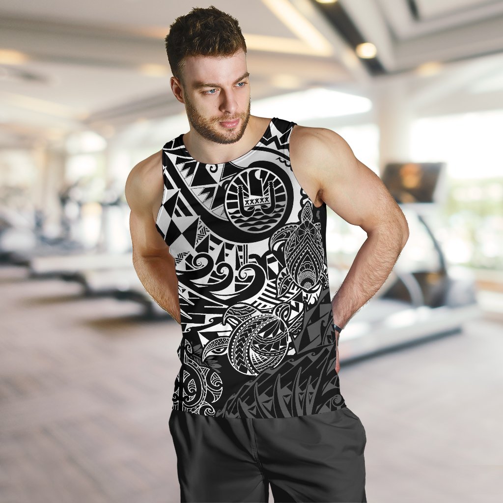 Tahiti Polynesian Men Tank Top - White Turtle Hibiscus Flowing - Polynesian Pride
