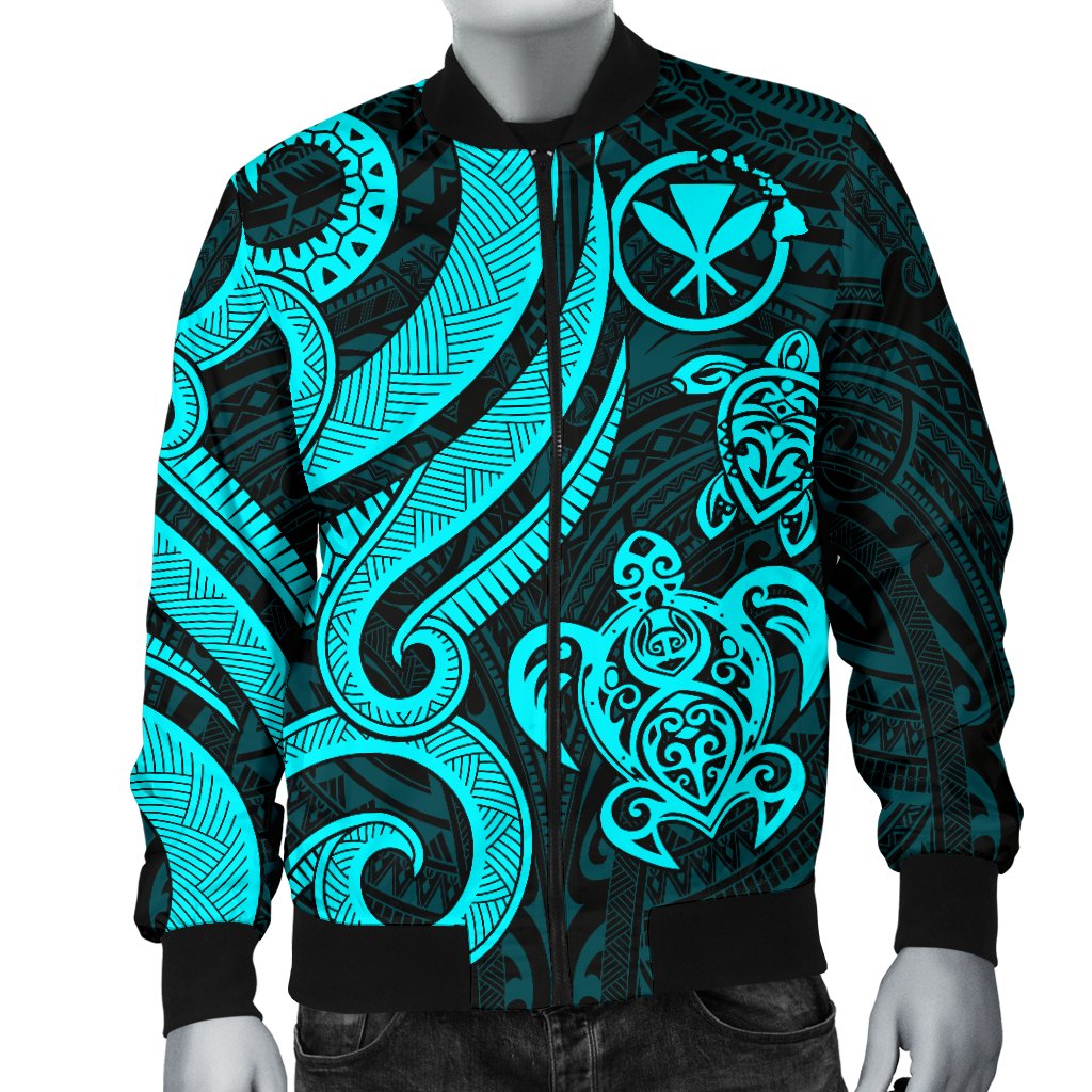 Polynesian Hawaii (Kanaka Maoli) Men Bomber Jacket - Turquoise Tentacle Turtle Blue - Polynesian Pride