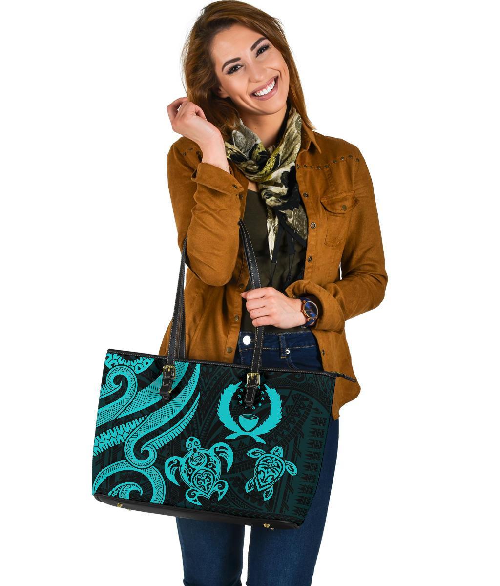 Pohnpei Micronesian Large Leather Tote Bag - Turquoise Tentacle Turtle - Polynesian Pride